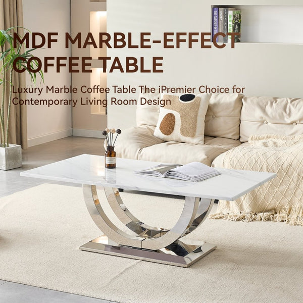 English Elm 50.4 Inch Rectangular Coffee Table Marble Mdf Top Sculptural Steel Arc Base Modern W3357P395502