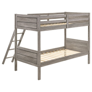 English Elm Brenton Twin-Over-Twin Bunk Bed with Ladder and Slatted Rails, Solid Rubberwood Farmhouse Style Retreat taupe B062S01005