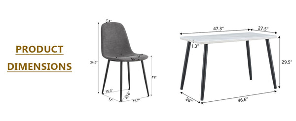 English Elm Table and Chair Set Marble Look Glass Top Modern Dining for Six with Gray Linen Seats W1151S04625