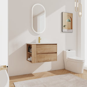 English Elm 30" Wall-Mount Bathroom Vanity With Ceramic Sink, Soft-Close Drawers & Configurable Side Shelf W999S00206