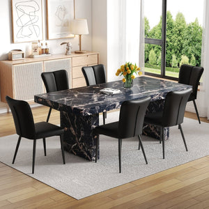 English Elm Table and Chair Set Seats Six with Marble Pattern Mdf Top and Pu Leather Dining Chairs W1151S04138