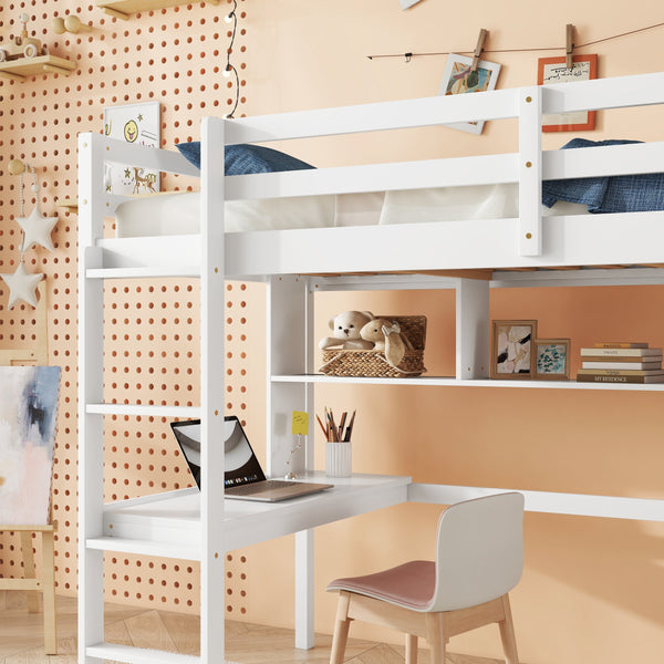 English Elm Twin Loft Bed with Built-In Desk and Bookcase, Pine Frame, Safety Guardrail, Ladder for Study Space White W504P181854