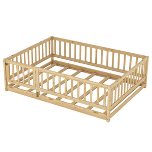 English Elm Full Montessori Floor Bed with Fence and Door, Natural Pine Slatted Full Size Bed, 300lb Capacity, Easy Assemble Oak W1820P369889