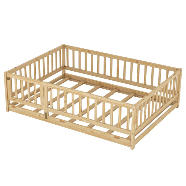 English Elm Full Montessori Floor Bed with Fence and Door, Natural Pine Slatted Full Size Bed, 300lb Capacity, Easy Assemble Oak W1820P369889