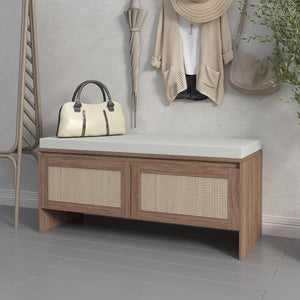 English Elm PP Rattan bench with cushion and hidden shoe storage, linen seat, dust‑protected interior, natural finish W808P316354