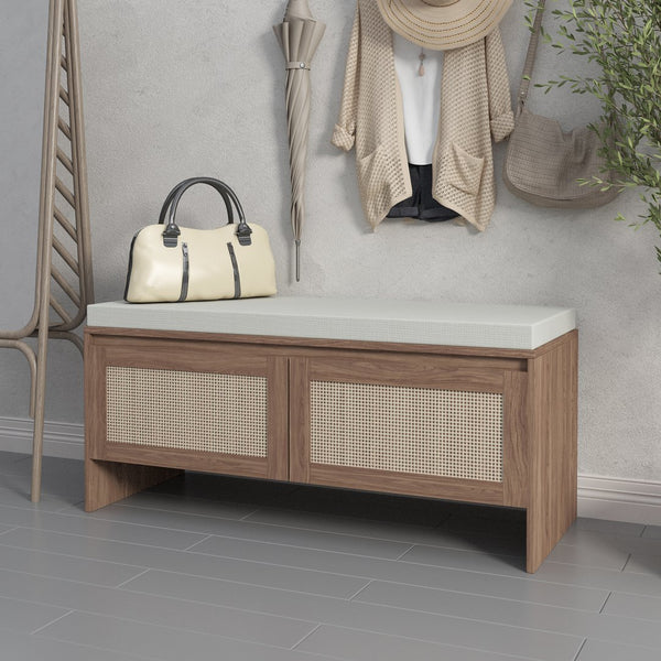 English Elm PP Rattan bench with cushion and hidden shoe storage, linen seat, dust‑protected interior, natural finish W808P316354