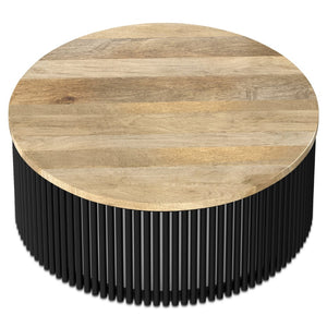 English Elm Demy Solid Mango Wood Round Coffee Table with Slatted Iron Base for Modern Living B136P429100