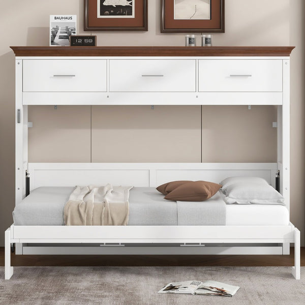 English Elm Twin Size Murphy Bed With 3 Drawers – Space-Saving Design For Small Rooms, Stylish White Finish N7090004021K-GIGA