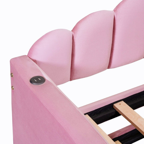 English Elm Twin Velvet Upholstered Daybed with Pull Out Trundle and Built in Usb Charging N733S382368H