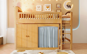English Elm Twin Loft Bed with Wardrobe Cabinet Led Lighting and Pine Frame for Kids Rooms Wood N7090002235M
