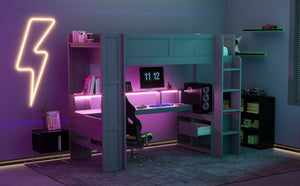 English Elm Wood Twin Loft Bed with Desk Led Lighting Charging Ports and Multi-zone Storage SM000373AAE