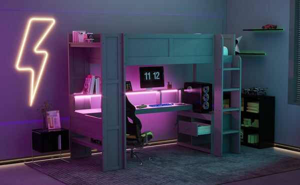 English Elm Wood Twin Loft Bed with Desk Led Lighting Charging Ports and Multi-zone Storage SM000373AAE