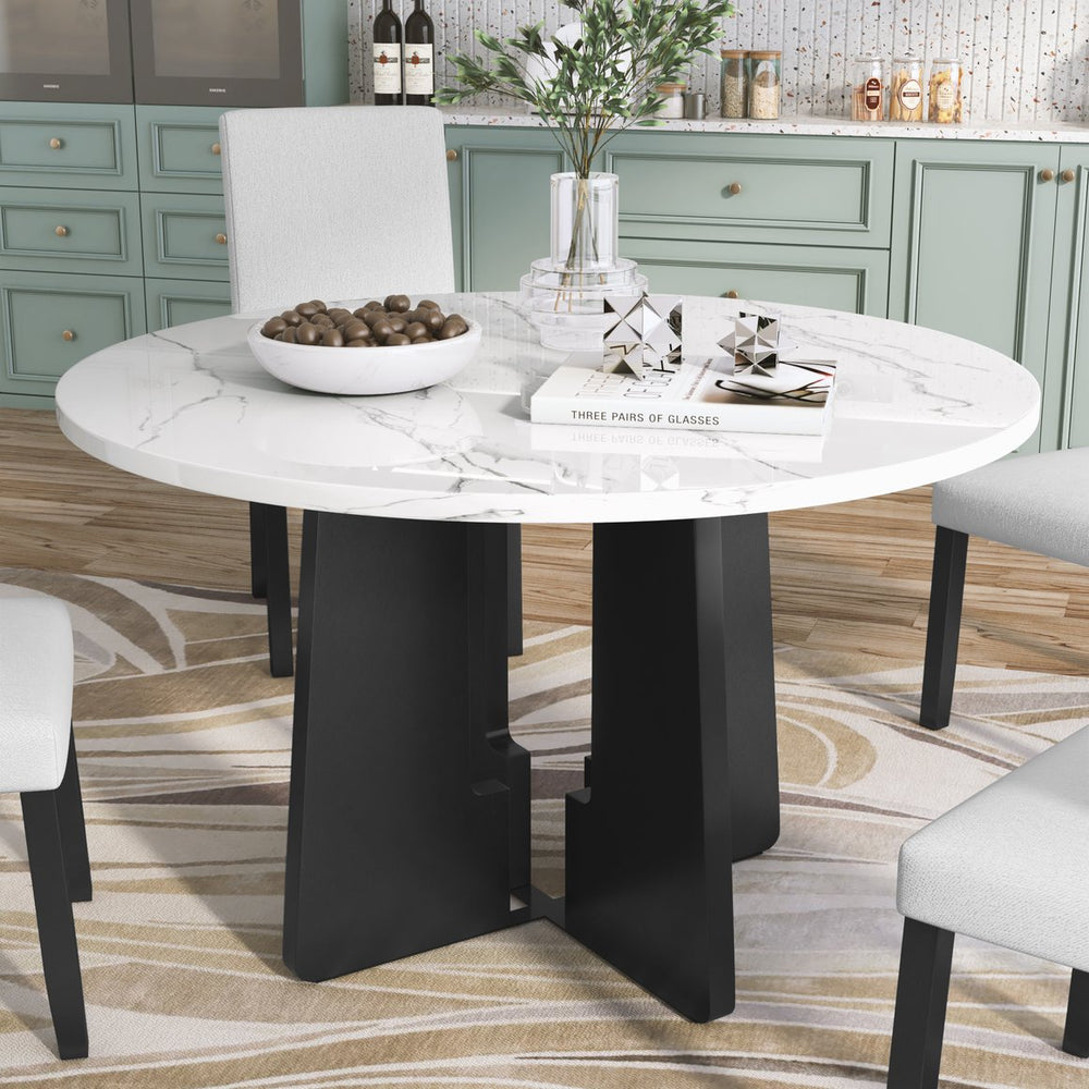 English Elm Round 43-Inch Faux Marble Dining Table for 4 — Mid-Century Modern Cafe Style, 350lb Capacity, Easy Assembly White+Black N752P245707K