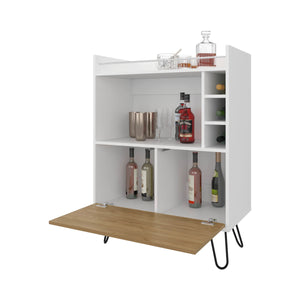 English Elm Wine White and Ash Wood Bar Cabinet with Drop-Down Door, Dual Shelves & Dedicated Wine Storage, Modern Appeal B062P290283