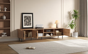 English Elm 78 Inch Low Profile Media Console with Pine Legs Soft Close Doors for Living Room N710P429513P