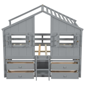 English Elm Full Size House Loft Bed With Roof & Windows, 4 Storage Drawers, Safe Pine Frame In Grey Finish W504S00241