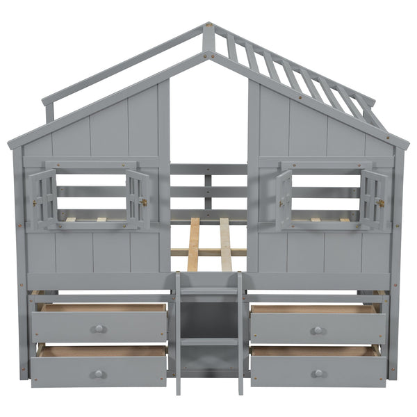 English Elm Full Size House Loft Bed With Roof & Windows, 4 Storage Drawers, Safe Pine Frame In Grey Finish W504S00241