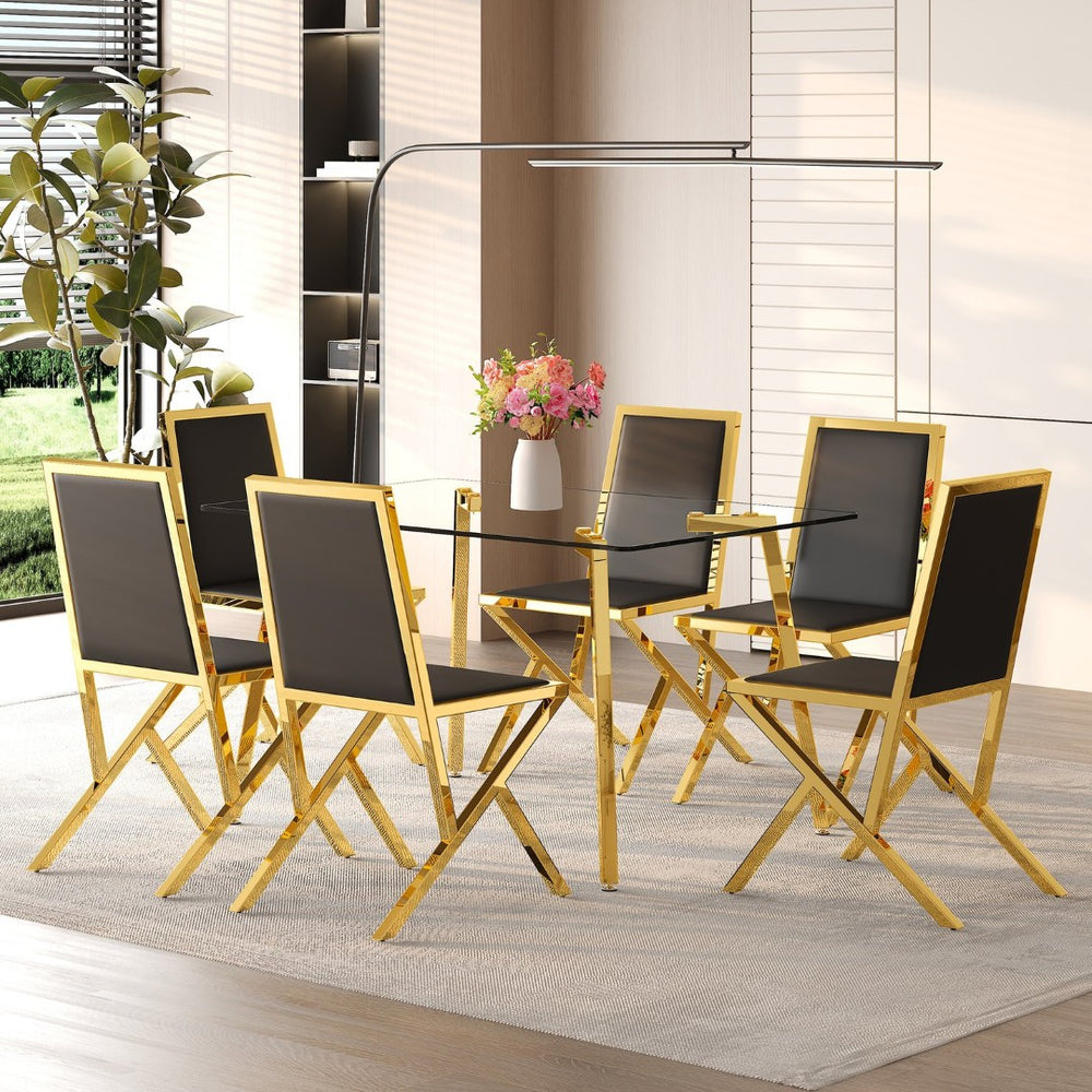 English Elm Table Set Oval Tempered Glass Top with Six Shell Back Pu Chairs Modern Dining Room Black+Gold,Transparent W1151S04791