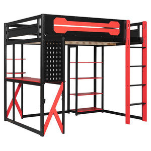 English Elm Full Size Loft Bed with Rgb Lighting Chevron Desk Usb Charging Ports and Storage Shelves Black+Red LT000286AAR