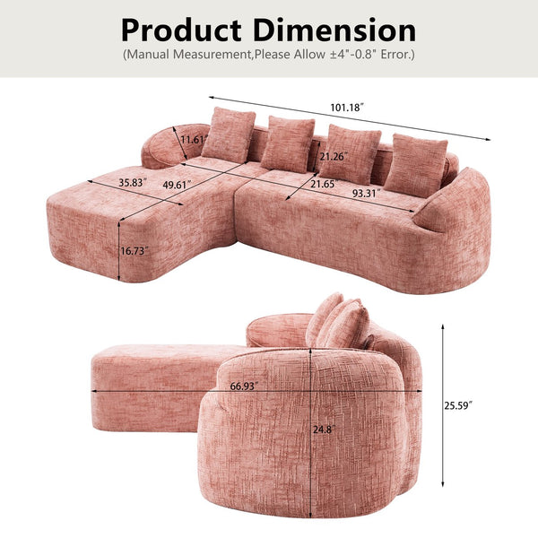 English Elm Pink chenille L-shaped sofa with high-elastic sponge, curved armrests, 4 throw pillows, 900lb capacity W3612S00018