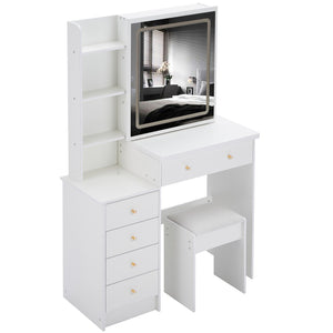 English Elm 37" Vanity Table Set with Led Mirror Stool Built-in Outlets and Hair Dryer Storage White W3258P448846