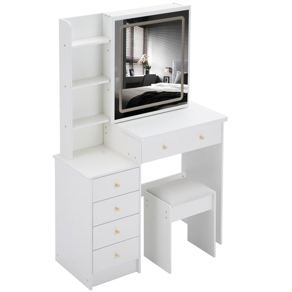 English Elm 37" Vanity Table Set with Led Mirror Stool Built-in Outlets and Hair Dryer Storage White W3258P448846