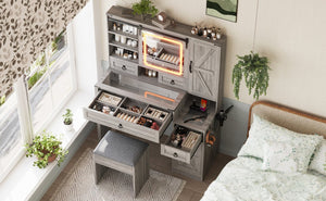 English Elm Farmhouse LED Vanity Desk with Sliding Mirror, Glass Top Storage, Built-In Charging Station & Stool Gray 37 L x 18.5 W x 13 H N733P340562G