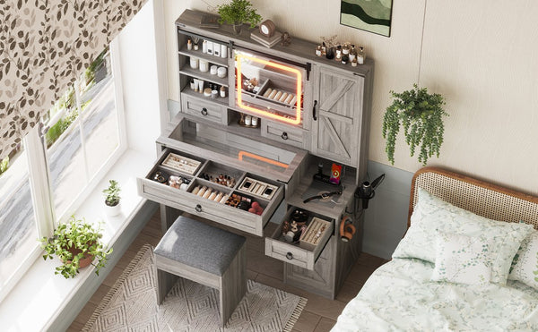 English Elm Farmhouse LED Vanity Desk with Sliding Mirror, Glass Top Storage, Built-In Charging Station & Stool Gray 37 L x 18.5 W x 13 H N733P340562G
