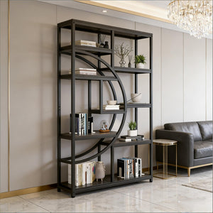 English Elm Geometric Nine Shelf Iron Frame Bookcase Rustic Industrial Freestanding Display Tower T3971P448087