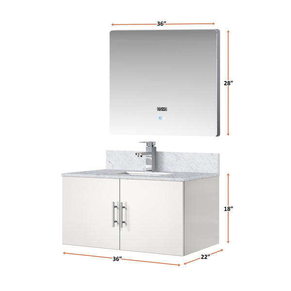 English Elm Glossy White Bath Vanity With Carrara Marble Top, Led Mirror & Faucet Set - Modern Style Upgrade B2731S01315