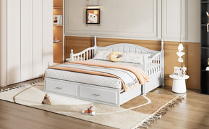 English Elm Wooden Twin Daybed with Trundle and Two Storage Drawers, Solid MDF Frame, Guardrails for Safety and Style White 43.5 L x 24.75 W x 6 H N733S173459K
