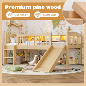 English Elm Twin Xl Solid Pine Loft Bed with Built-in Led Lighting and Storage Shelves Natural W1580S00366