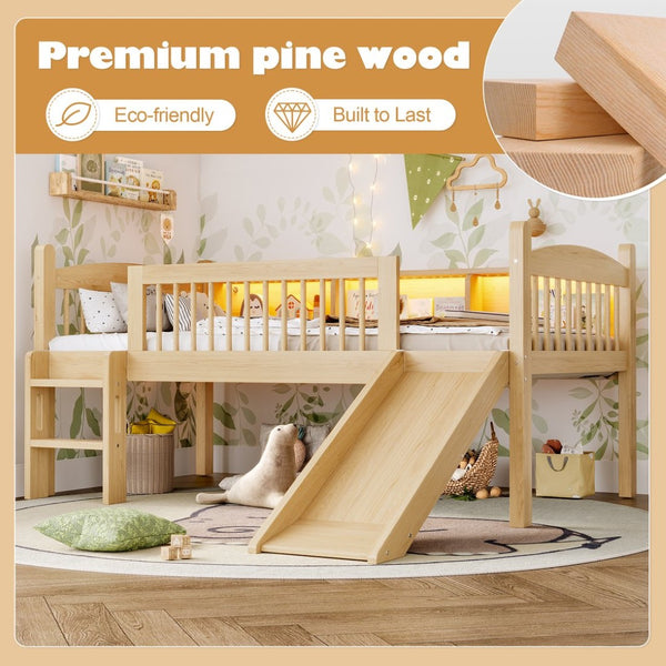 English Elm Twin Xl Solid Pine Loft Bed with Built-in Led Lighting and Storage Shelves Natural W1580S00366