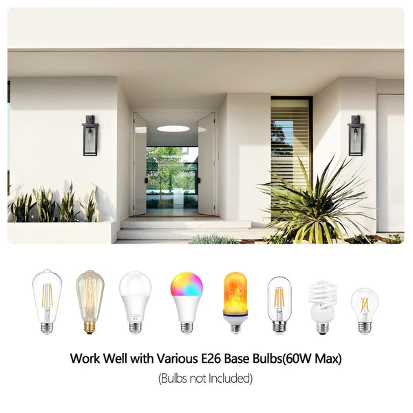 English Elm 20"(H) Set Of 2 Modern Outdoor Wall Lanterns - Black Metal Frame, Clear Glass, Dusk-To-Dawn Sensors W2312P374777