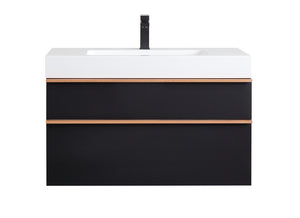 English Elm VELA 36 Inch Wall Mounted Bathroom Vanity with Integrated Acrylic Sink, Dual Wood Handles, Soft-Close Drawers, Matte Finish Black W3235P327618