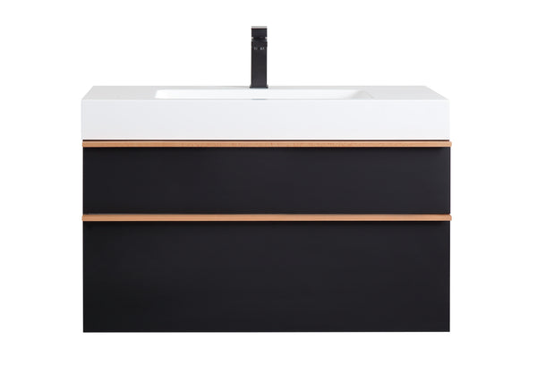 English Elm VELA 36 Inch Wall Mounted Bathroom Vanity with Integrated Acrylic Sink, Dual Wood Handles, Soft-Close Drawers, Matte Finish Black W3235P327618