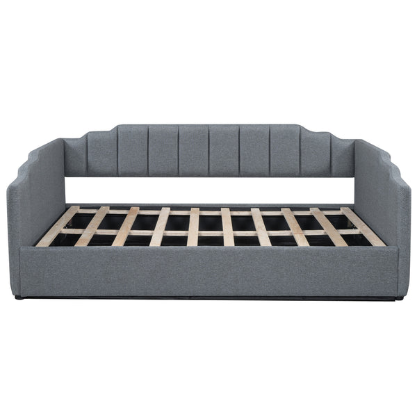 English Elm Upholstered modern daybed with under-bed storage drawers, full-size platform frame for guests Gray DL002033AAE
