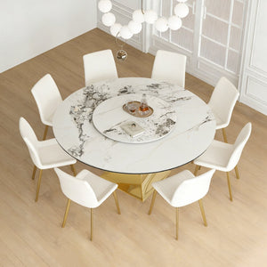 English Elm 59" Round Sintered Stone Table Set Seats Eight with Gold Hourglass Base Lazy Susan W2700S00130