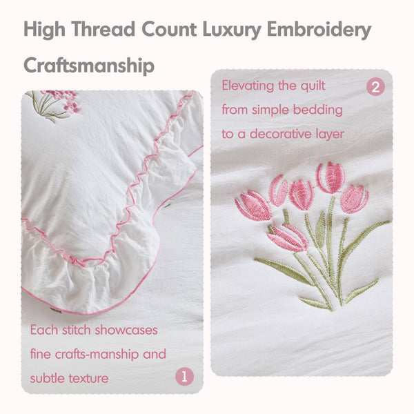 English Elm 3-piece Floral Embroidered Quilt Set Ruffled Trim Romantic Bedding for Full Queen Beds White+Pink B035P463192