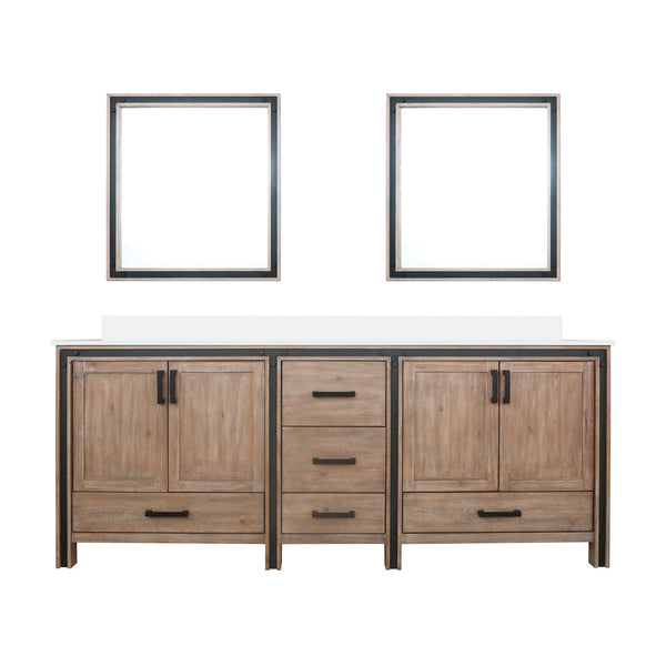 English Elm Rustic Barnwood Double Bath Vanity 84" W x 22" D with White Quartz Top, Soft-Close Drawers & Mirrors B2731S00921
