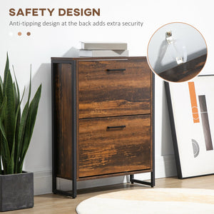 English Elm HOMCOM Narrow Industrial Shoe Cabinet with 2 Flip Drawers for 12 Pairs, Rustic Brown Slim Entryway Storage W2225P173975