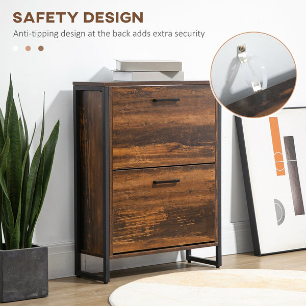 English Elm HOMCOM Narrow Industrial Shoe Cabinet with 2 Flip Drawers for 12 Pairs, Rustic Brown Slim Entryway Storage W2225P173975
