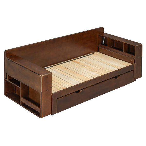 English Elm Queen Daybed with Hydraulic Desk Storage Drawers and Convertible Sofa for Small Spaces Espresso LT000272AAP