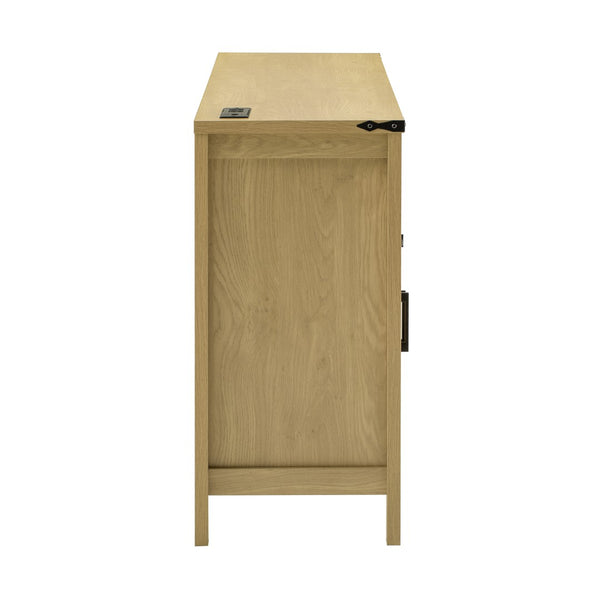 English Elm U_style 59 Inch Sideboard Buffet with Built in Power Outlets Open Cubbies Metal Accents Natural Wood N711P347407O