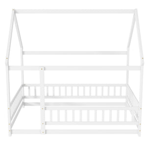 English Elm Full Size House Floor Bed With Roof Frame & Safety Guardrails - Cozy, Imaginative Retreat For Kids W504P286408