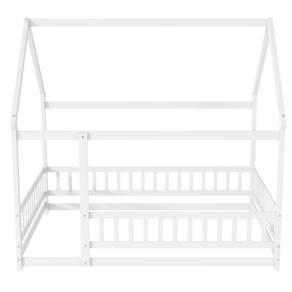 English Elm Full Size House Floor Bed With Roof Frame & Safety Guardrails - Cozy, Imaginative Retreat For Kids W504P286408