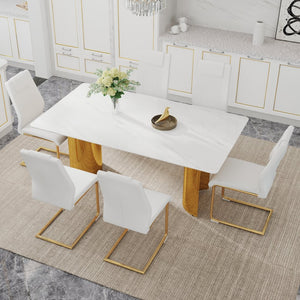 English Elm Table And Chair Set - Elegant White And Gold Dining Furniture With Comfortable Pu Seats, 6 Chairs W1151S04345-GIGA