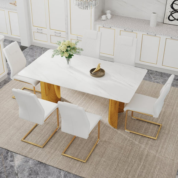 English Elm Table And Chair Set - Elegant White And Gold Dining Furniture With Comfortable Pu Seats, 6 Chairs W1151S04345-GIGA