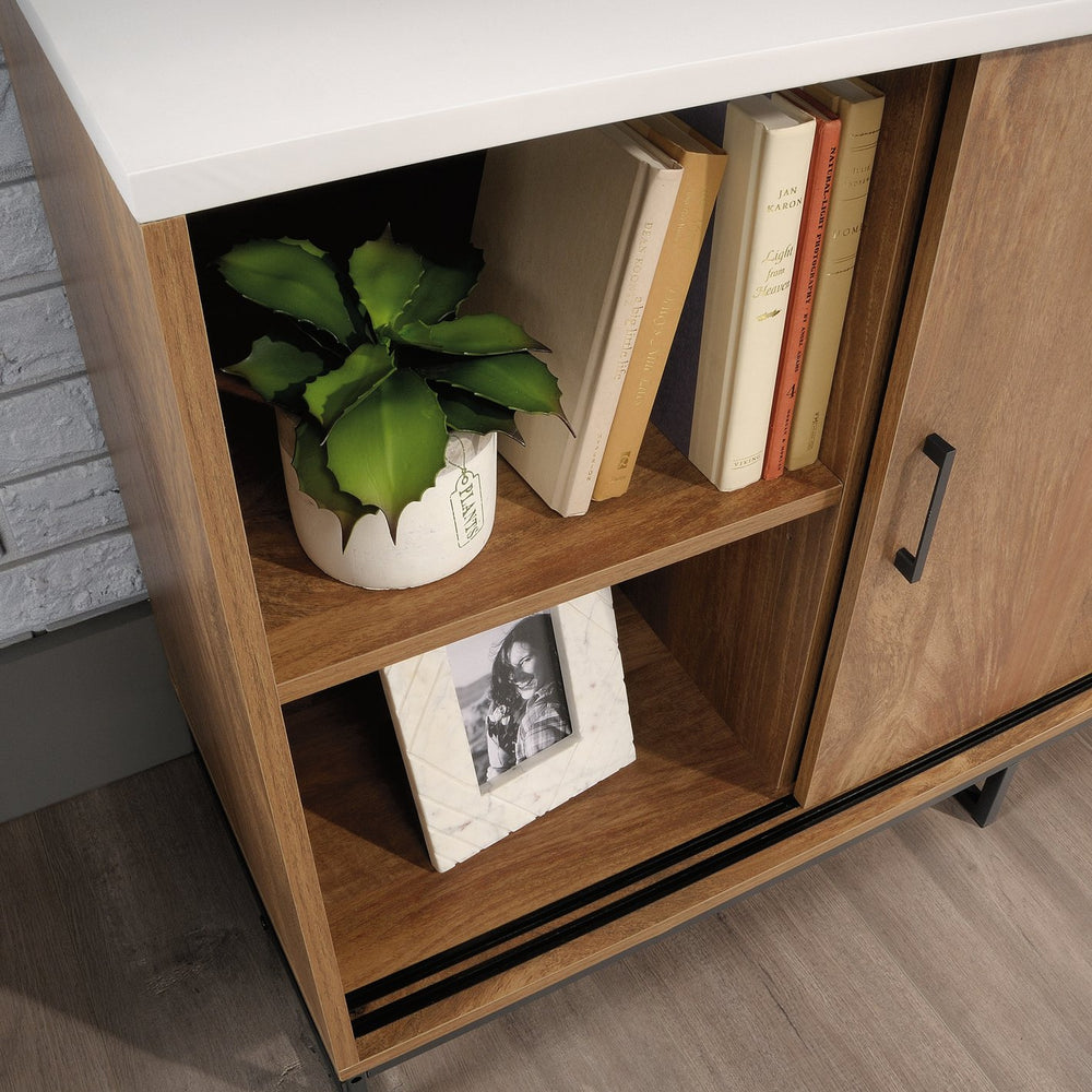 English Elm Credenza, Versatile Brown Finish Storage Cabinet With Adjustable Shelves & Modern Metal Base B356P402725