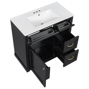 English Elm 36 Inch Bathroom Vanity With Sink & Soft-Close Drawers - Modern Black Cabinet For Smart Storage N725P336549B
